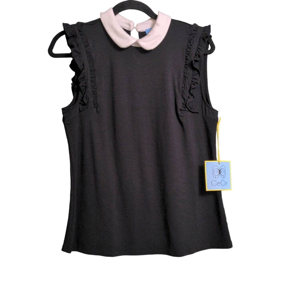Cece Womens Tank Top Black Sleeveless Peter Pan Collar Stretch Ruffles M New